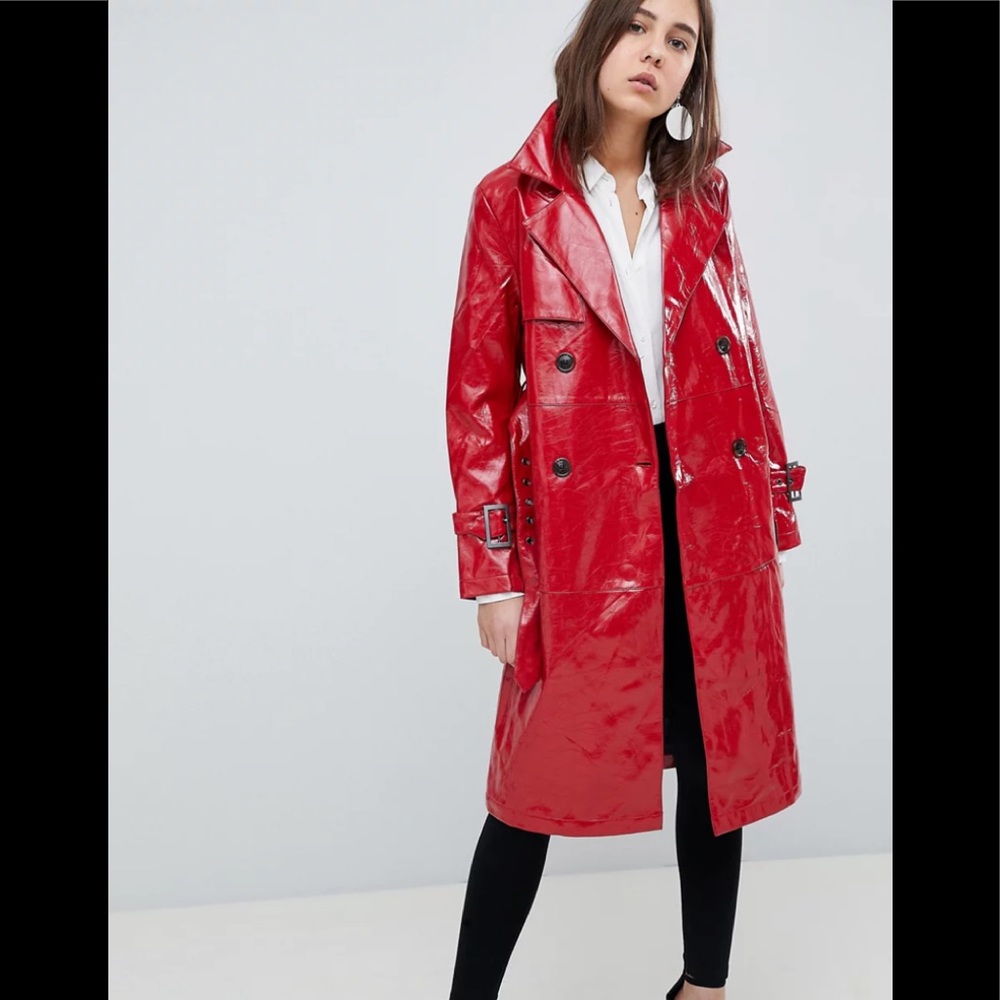 Red vinyl/vegan Trench Coat by NEON ROSE